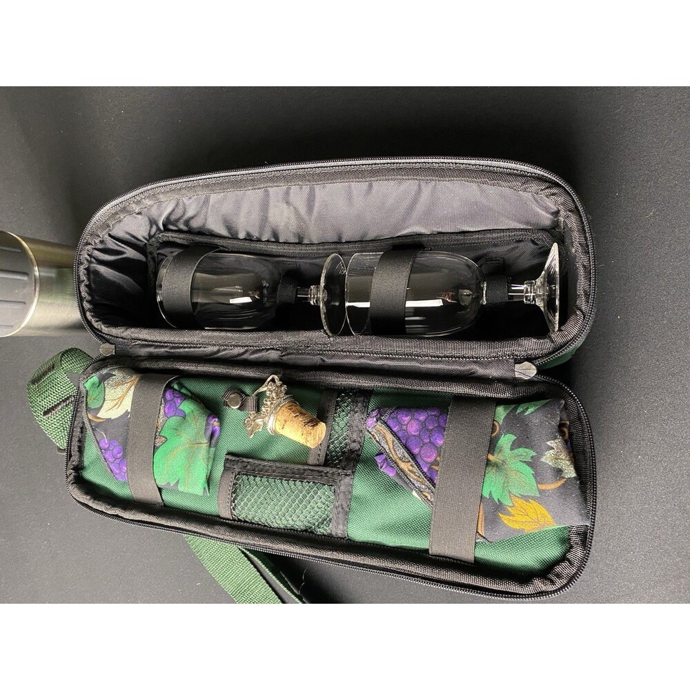Picnic Insulated Wine Carrier For 2 Green Canvas Bag w/ Cups, Wine Container